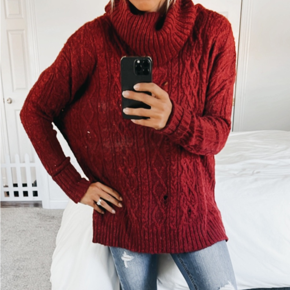 Free People Complex Cable Distressed Turtleneck